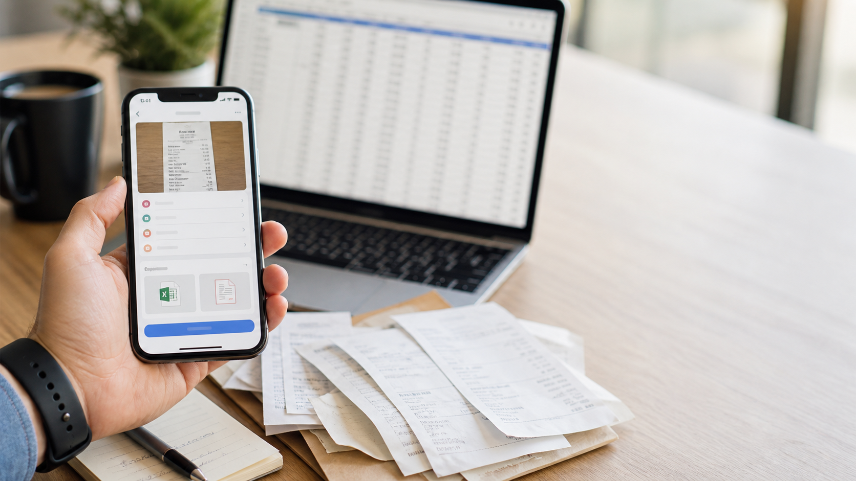 Expense Lens receipt scanner showing paper receipts, an iPhone receipt workflow, and spreadsheet-style bookkeeping handoff.