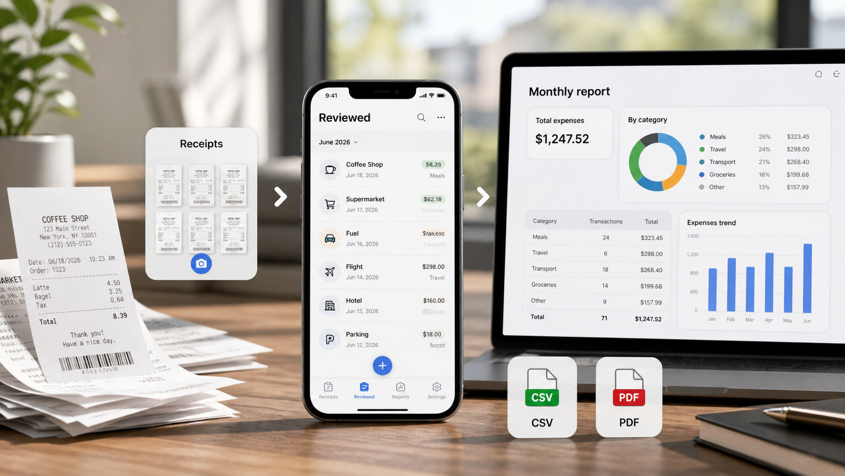 Expense Lens receipt workflow showing an iPhone, receipt photos, and a monthly report handoff with CSV and PDF export labels.